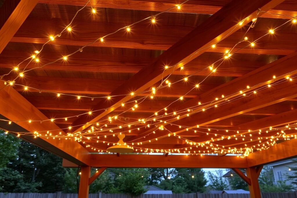 string lights woven through pergola beams creating light ceiling