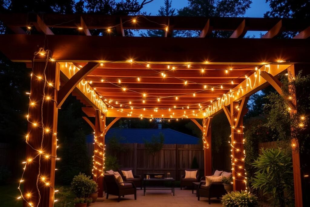 string lights wrapped around pergola creating outdoor room effect
