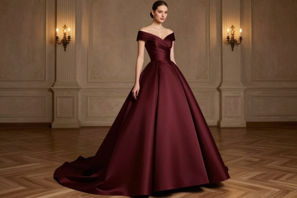 structured maxi gown in deep burgundy