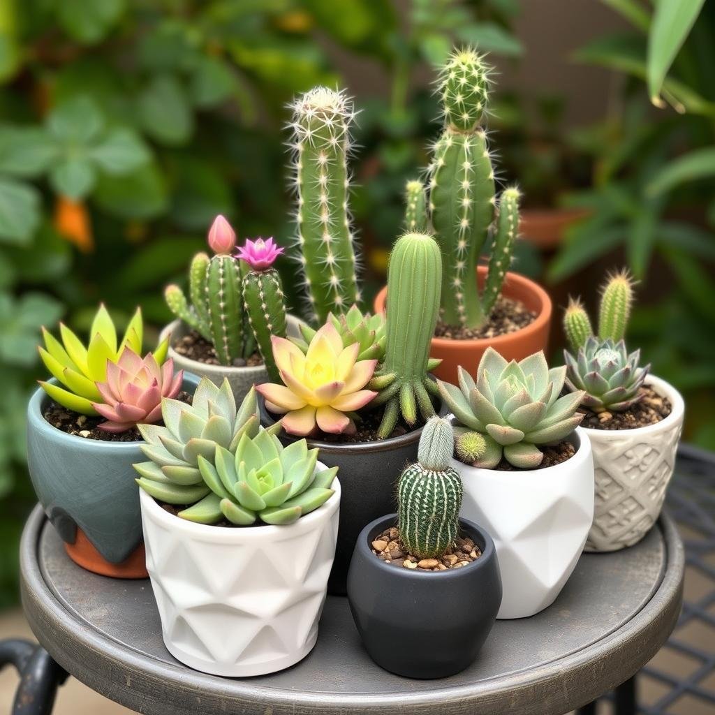 succulent garden arranged in decorative ceramic containers