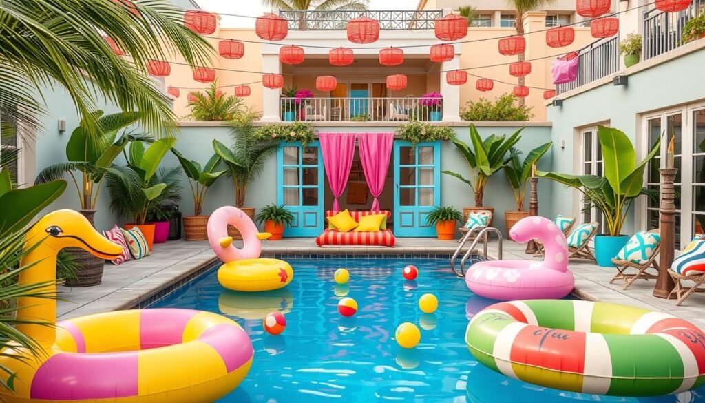 summer pool area with bright colors and tropical decor summer pool area with bright colors and tropical decor