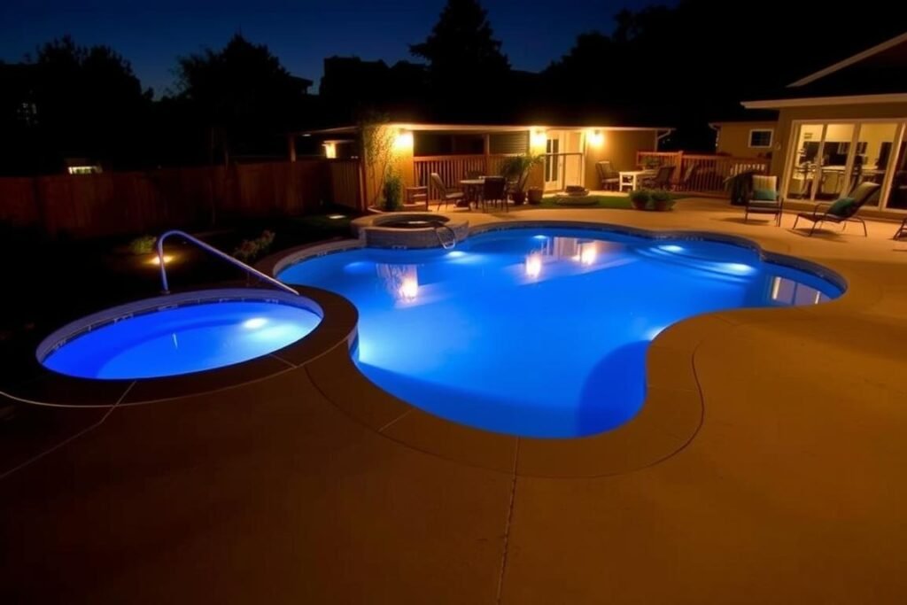 swimming pool with underwater lighting and surrounding landscape lights swimming pool with underwater lighting and surrounding landscape lights