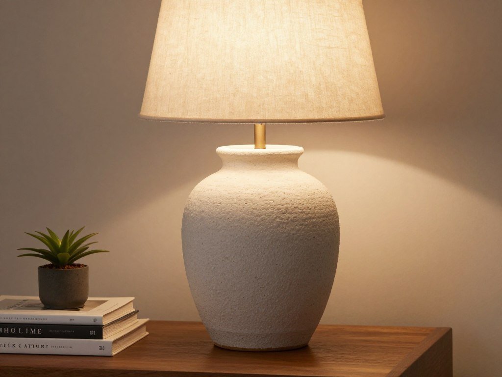 table lamp with ceramic base and linen shade on side table table lamp with ceramic base and linen shade on side table