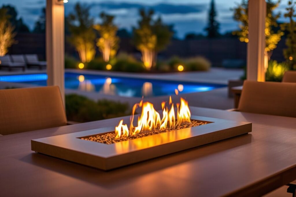 tabletop fire feature with ambient landscape lighting
