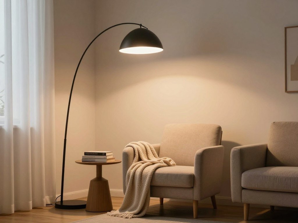 tall arc floor lamp illuminating reading corner in living room tall arc floor lamp illuminating reading corner in living room