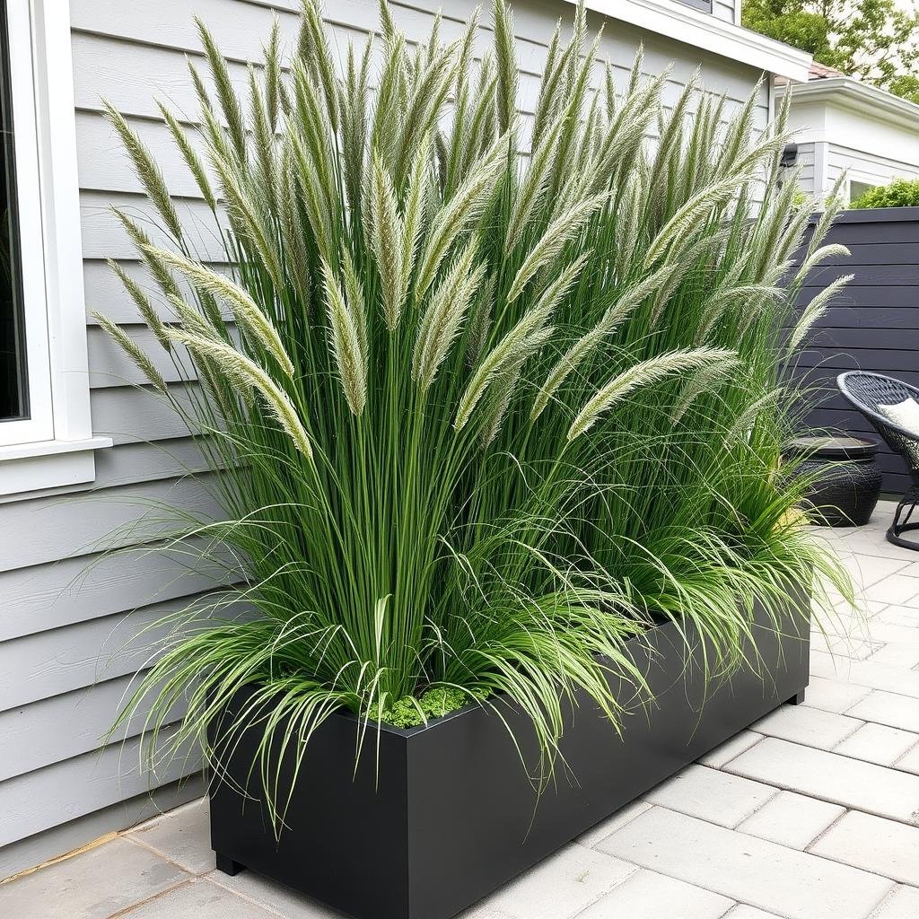 tall planter with privacy grasses creating natural screen