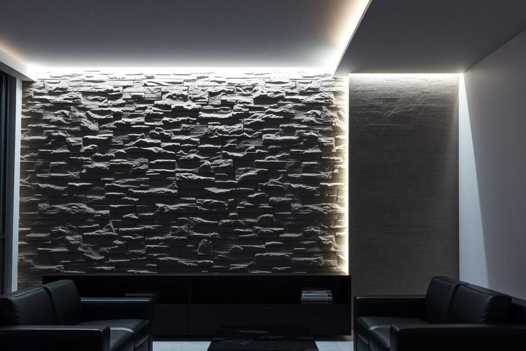 textured accent wall with LED strip grazing light emphasizing surface detail textured accent wall with LED strip grazing light emphasizing surface detail