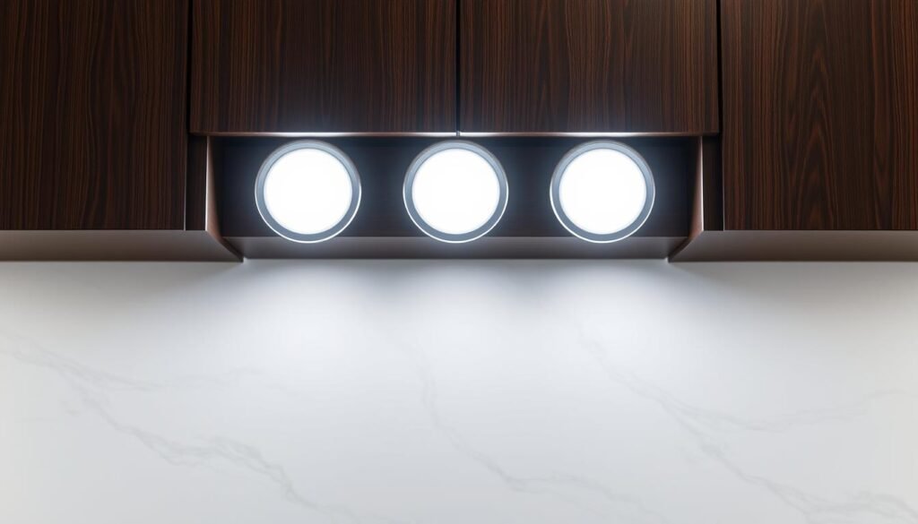 three LED puck lights installed under cabinet creating pool lighting effect