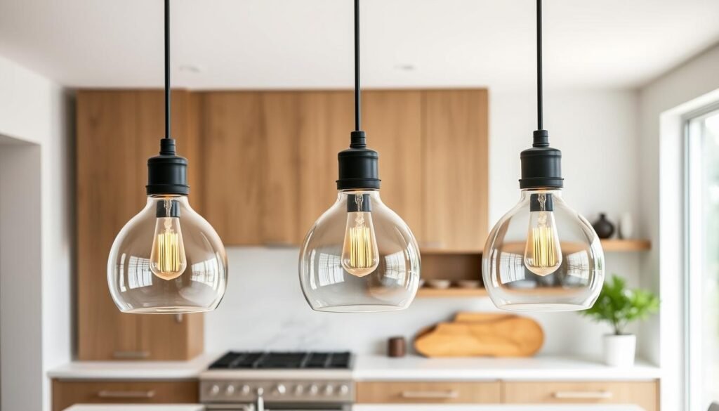 three pendant lights hanging over kitchen island with clear glass shades three pendant lights hanging over kitchen island with clear glass shades