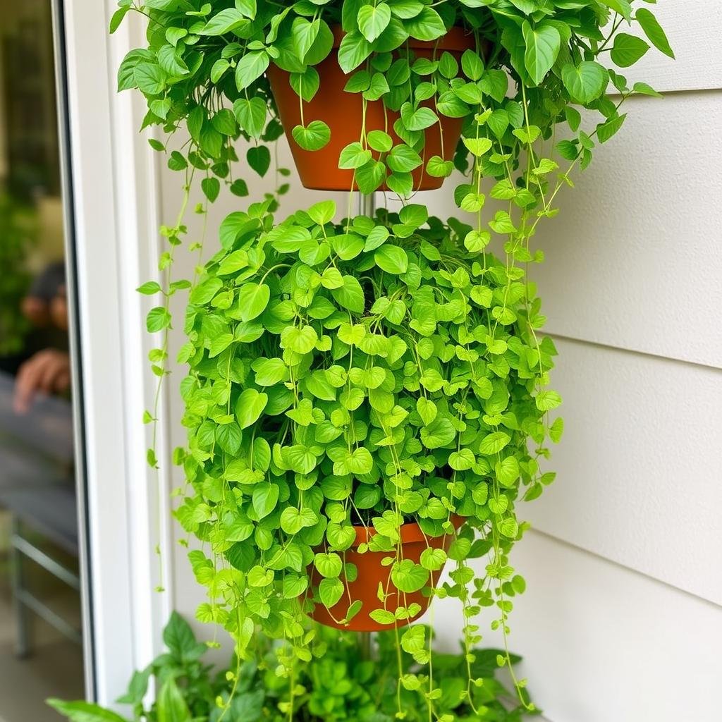 tiered hanging basket arrangement with trailing plants on patio