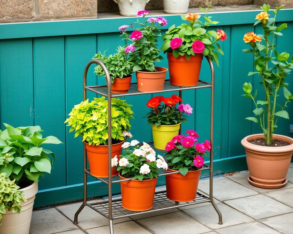 tiered plant stand with multiple container plants creating vertical garden