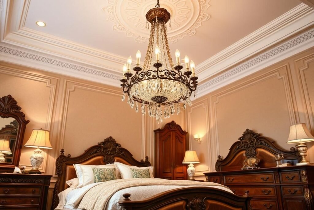 traditional bedroom with crystal chandelier