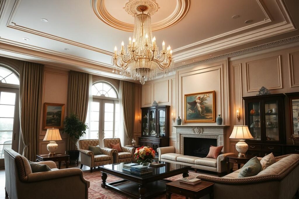 traditional living room with classic crystal chandelier traditional living room with classic crystal chandelier