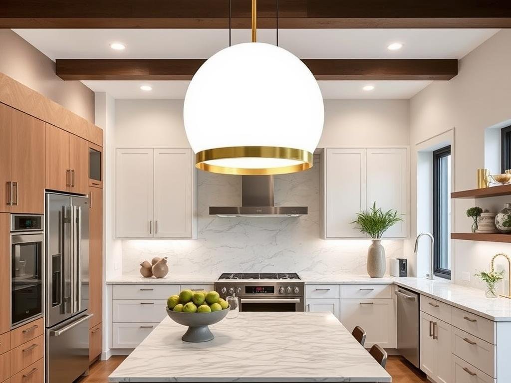 trendy oversized pendant light in modern kitchen