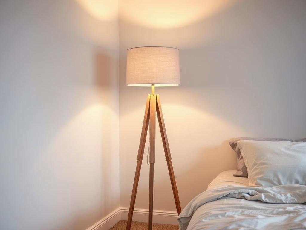 tripod floor lamp in bedroom corner