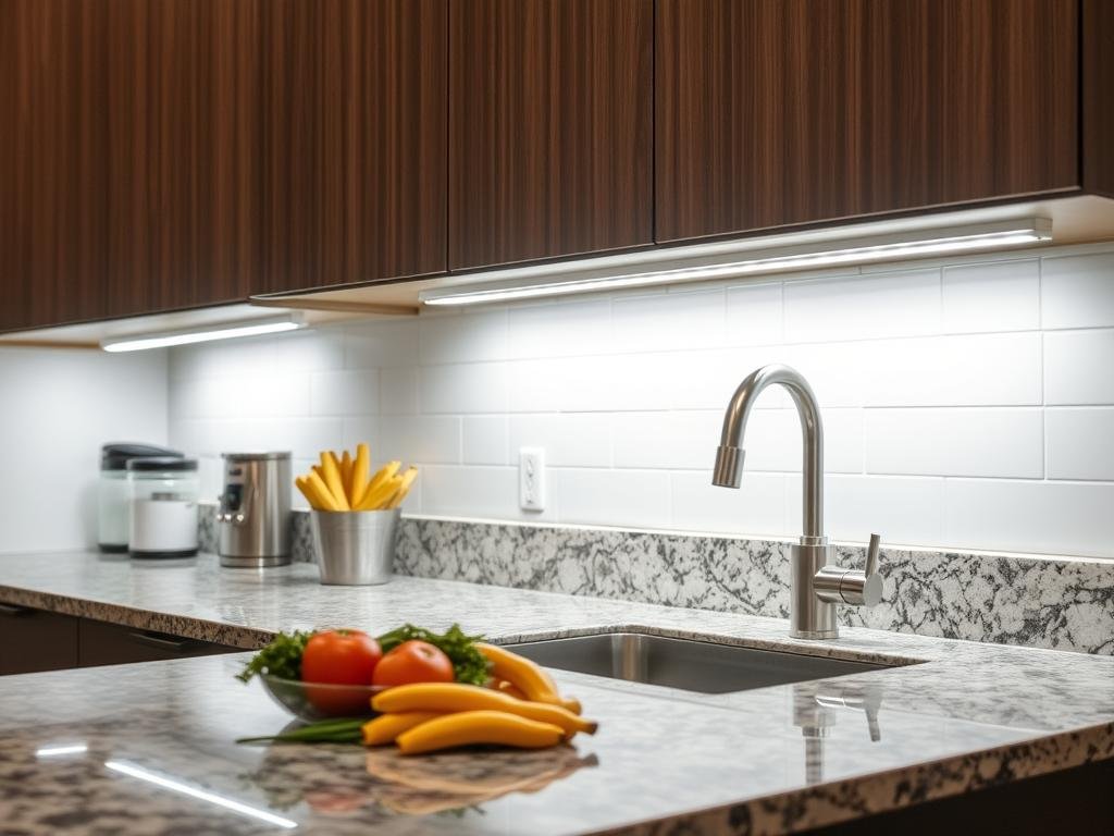under cabinet LED strip lights illuminating kitchen countertop under cabinet LED strip lights illuminating kitchen countertop