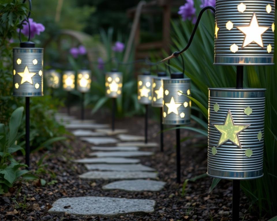 upcycled tin can lanterns along garden path