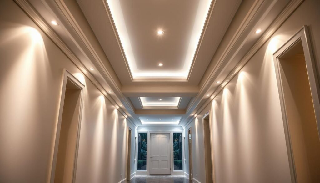 uplight fixtures washing hallway ceiling with dramatic illumination