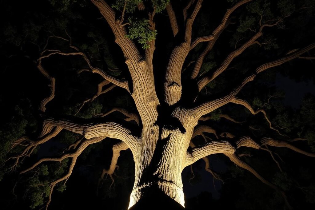 uplighting on large oak tree trunk