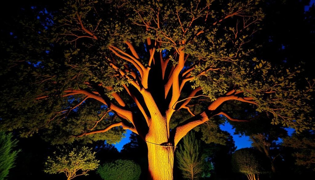 uplighting on large tree creating dramatic shadows at night