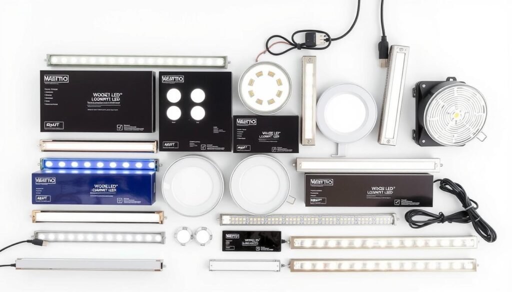 variety of LED cabinet lighting products displayed together for comparison
