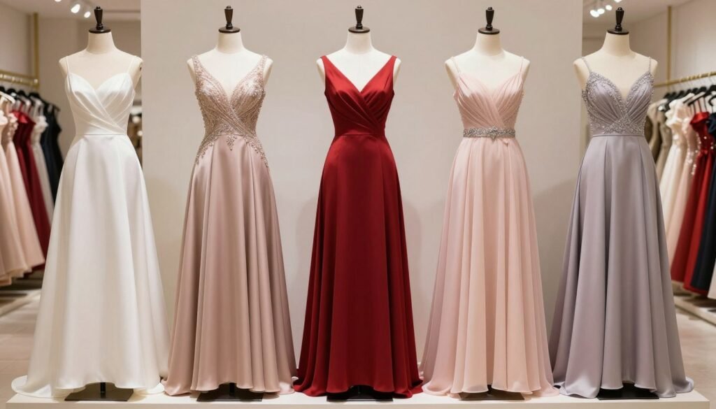variety of a-line gowns in different colors and fabrics