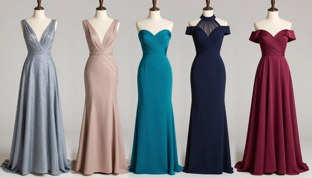 variety of dress necklines on mannequins