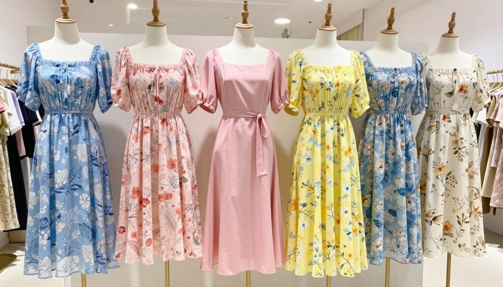 variety of floral midi dresses for wedding guests