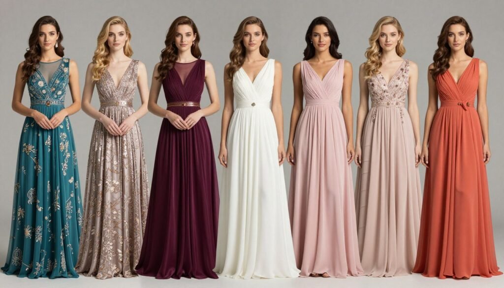 variety of multi-colored maxi dresses for formal occasions