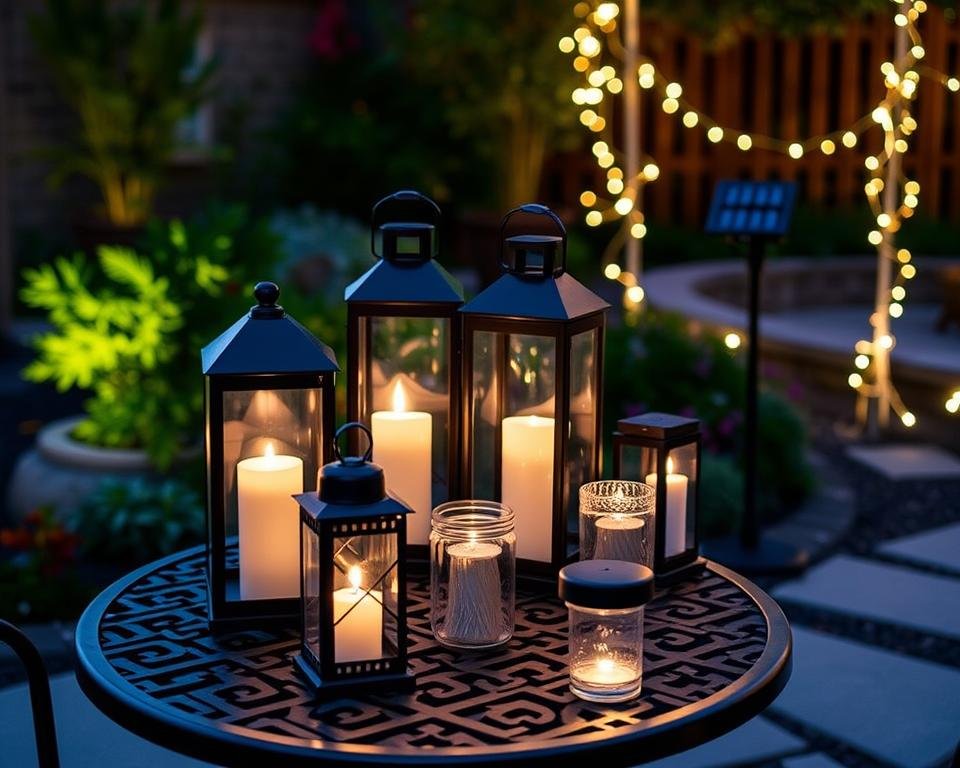 variety of outdoor lighting options including lanterns, solar lights, and candles on patio