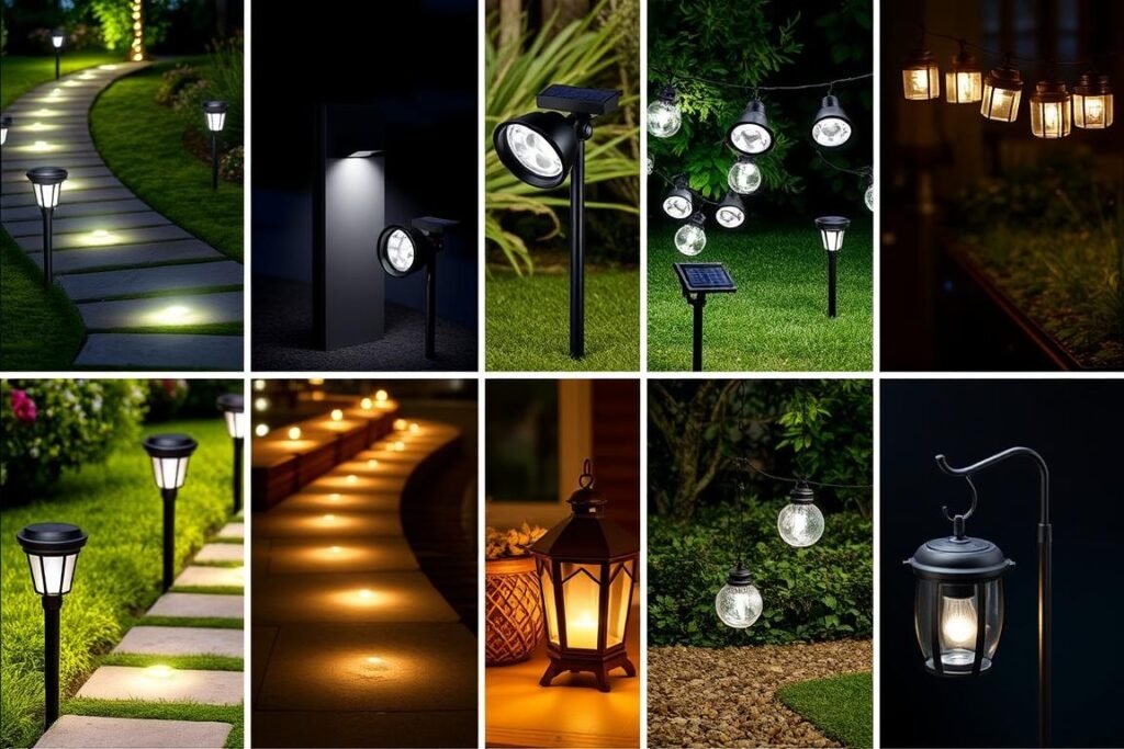 variety of outdoor lighting products displayed for comparison