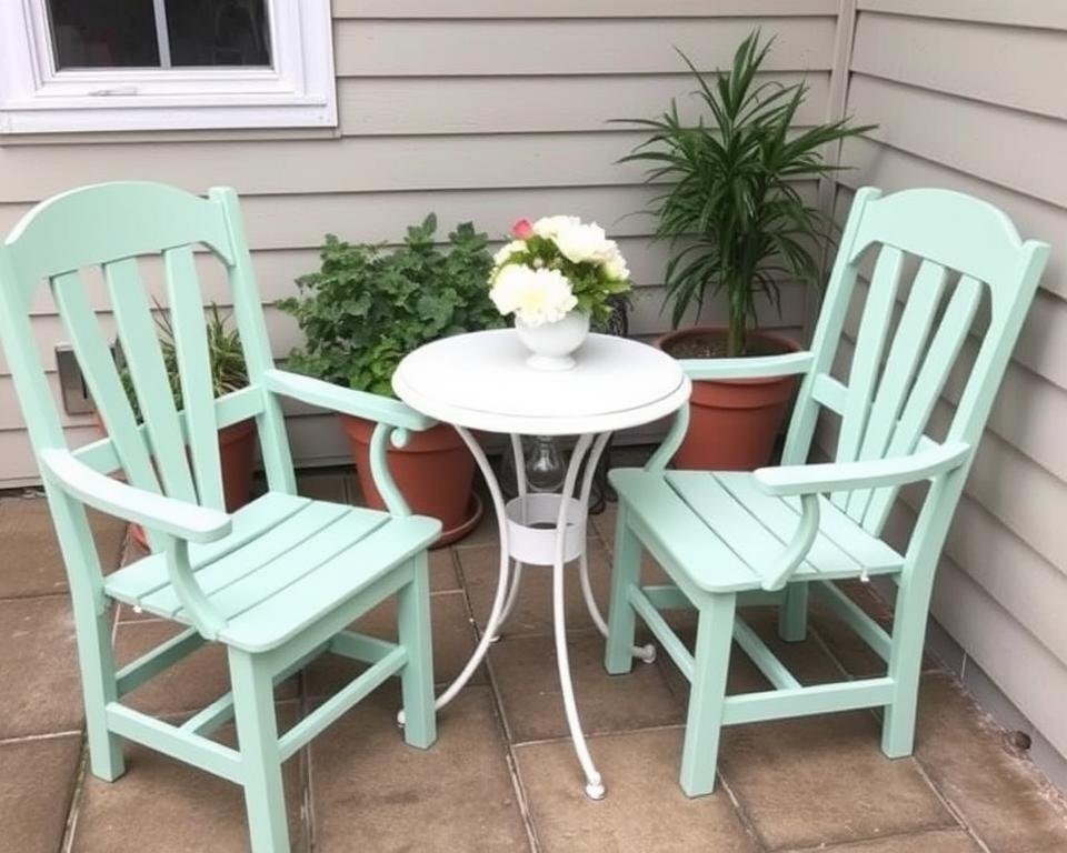 variety of painted outdoor furniture pieces in coordinating colors on small patio