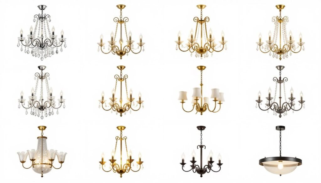 various chandelier styles from traditional to modern in showroom setting various chandelier styles from traditional to modern in showroom setting