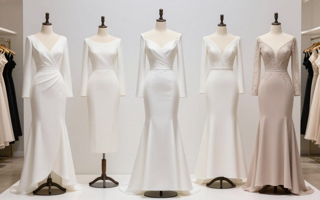 various dress silhouettes displayed on dress forms
