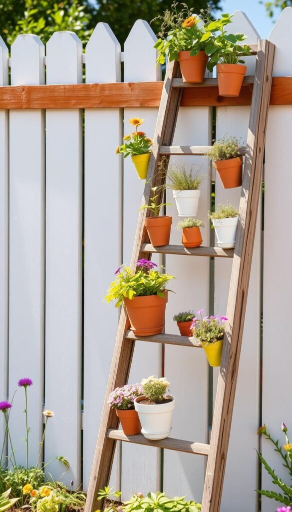 vertical garden with multiple container plants on wooden ladder