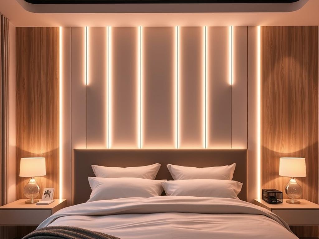 vertical led strip lights creating modern accent wall design bedroom