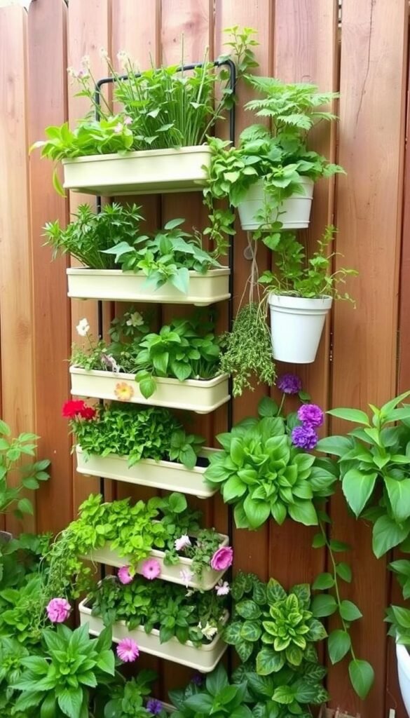 vertical wall garden with multiple tiers of planters on small patio wall