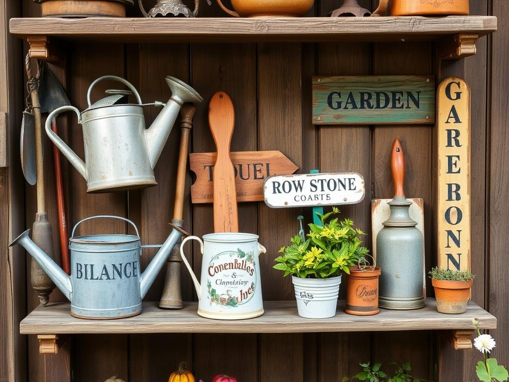 vintage garden decor items displayed on small patio shelf