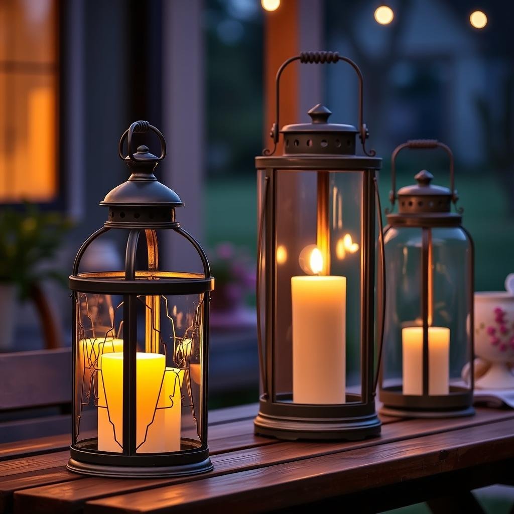 vintage style outdoor lanterns on patio table