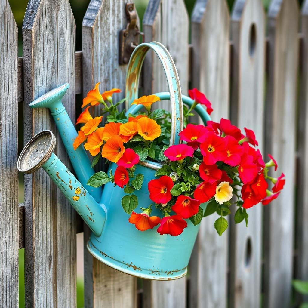 vintage watering can repurposed as flower planter