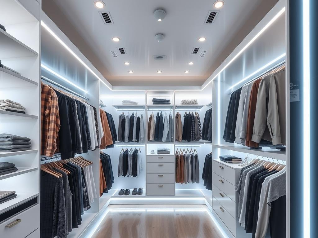 walk-in closet with led strip lighting illuminating clothing racks