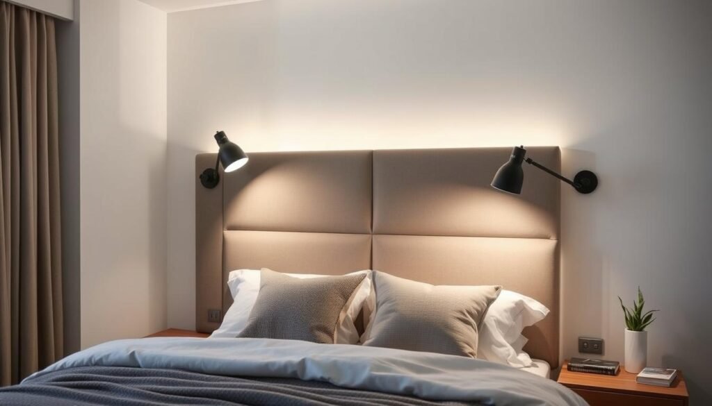 wall mounted reading lights above bed headboard
