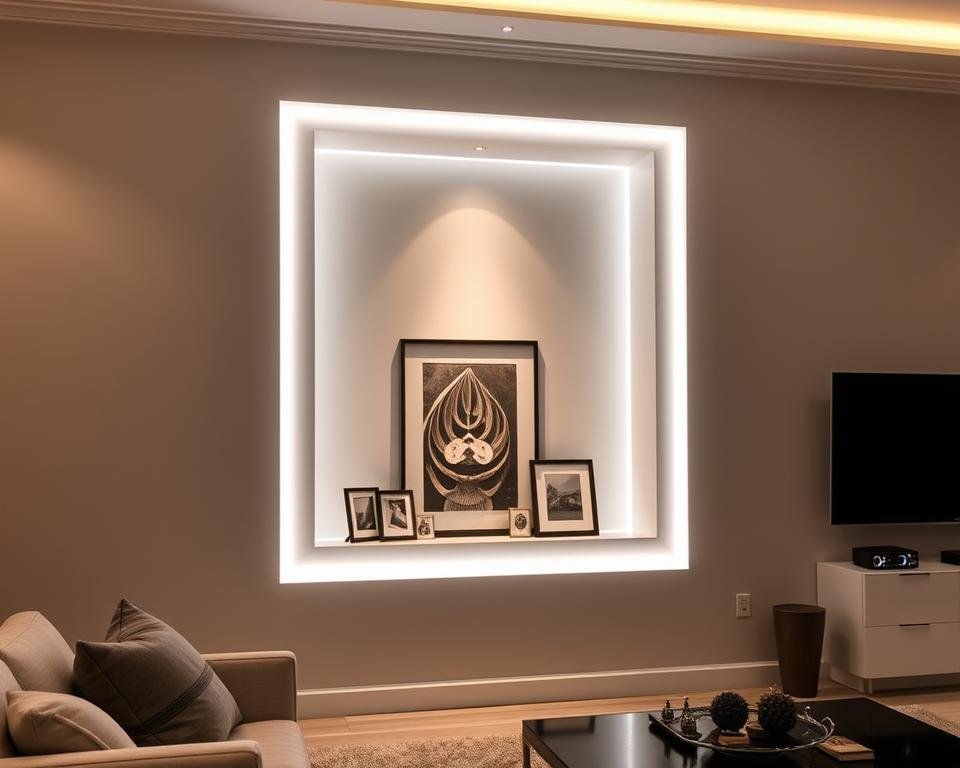 wall niche with LED strip lights showcasing artwork and sculpture wall niche with LED strip lights showcasing artwork and sculpture