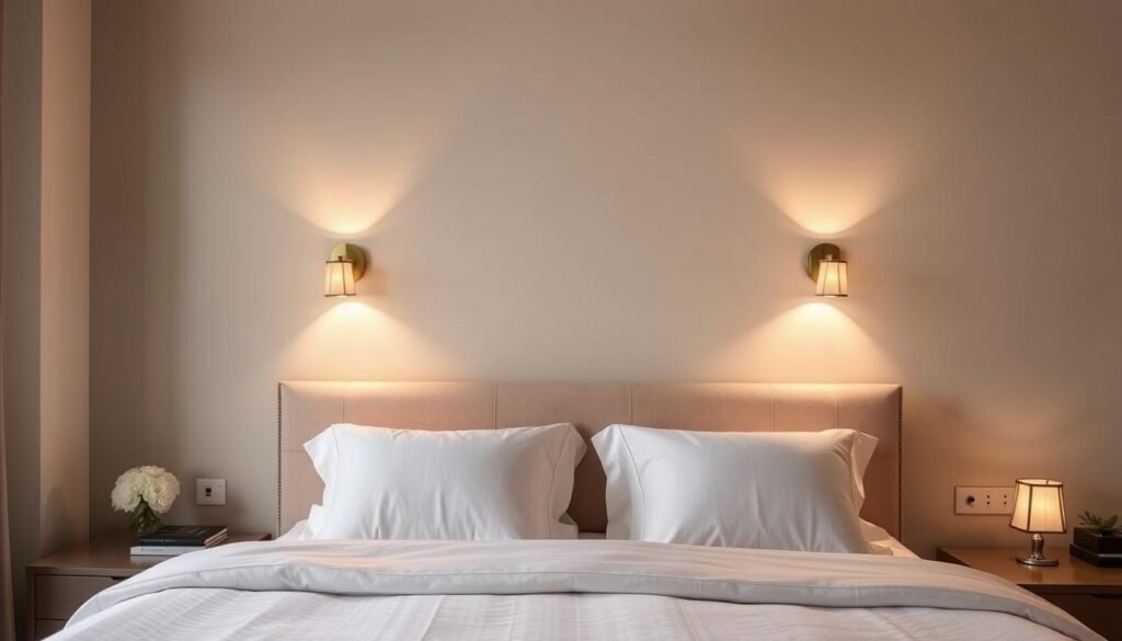 wall sconces flanking bed creating accent lighting