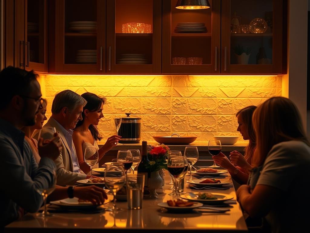warm LED lighting creating cozy dinner party ambiance in kitchen