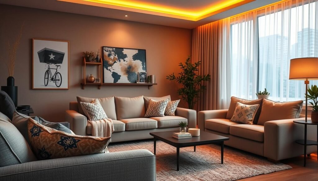 warm amber ambient lighting creating cozy relaxing atmosphere warm amber ambient lighting creating cozy relaxing atmosphere