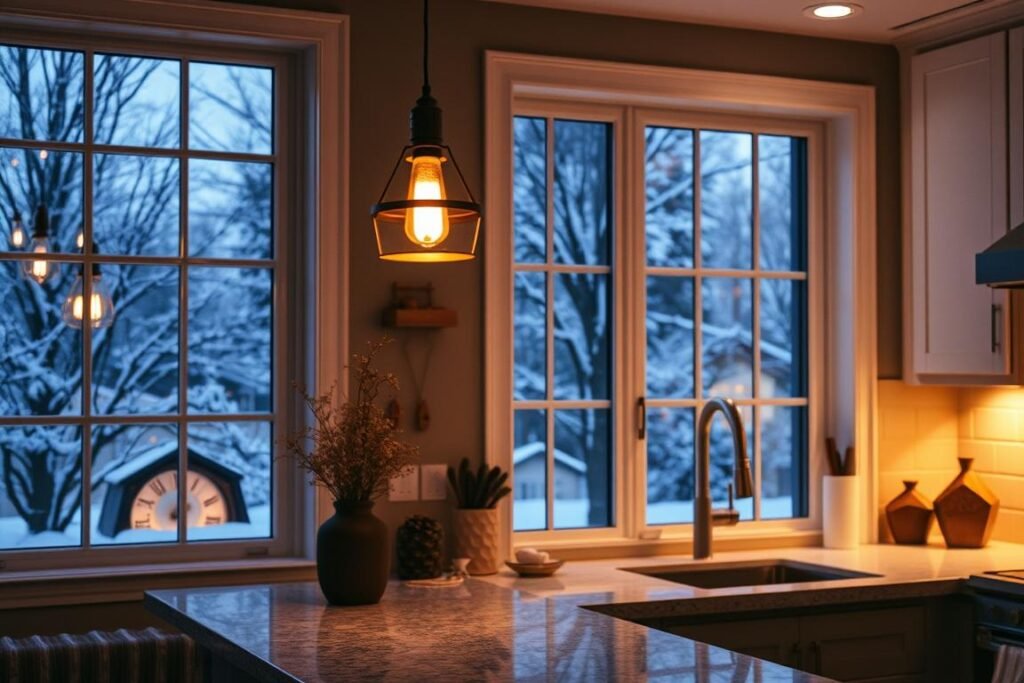 warm kitchen lighting creating cozy winter atmosphere