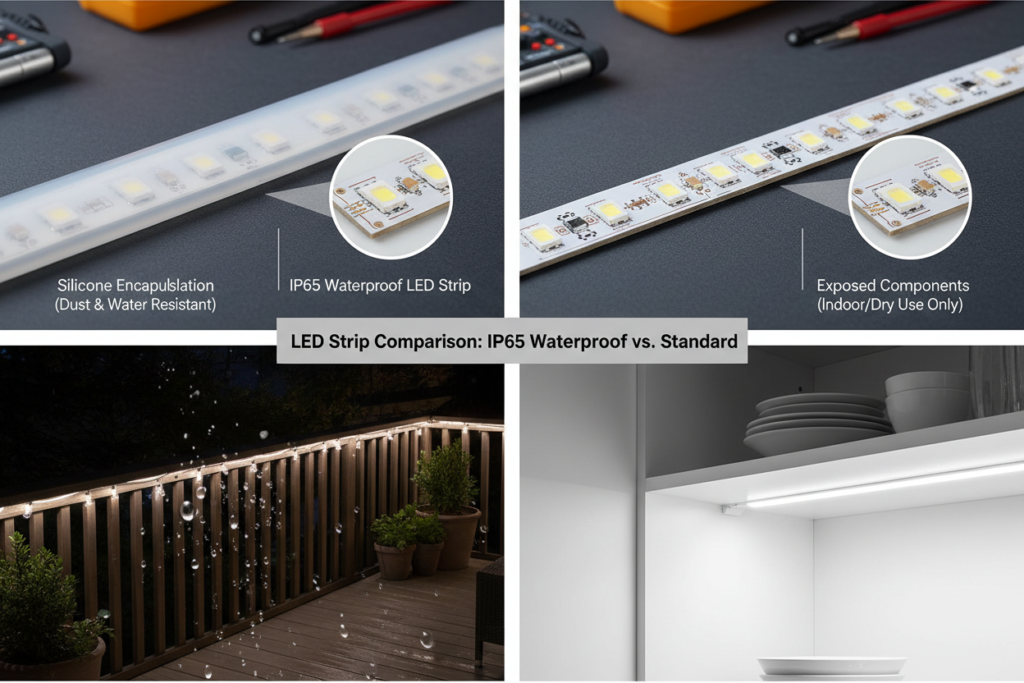 waterproof versus standard LED strips showing IP rating differences waterproof versus standard LED strips showing IP rating differences