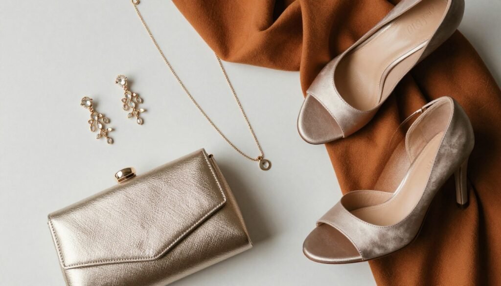 wedding guest accessories flat lay with jewelry and clutch