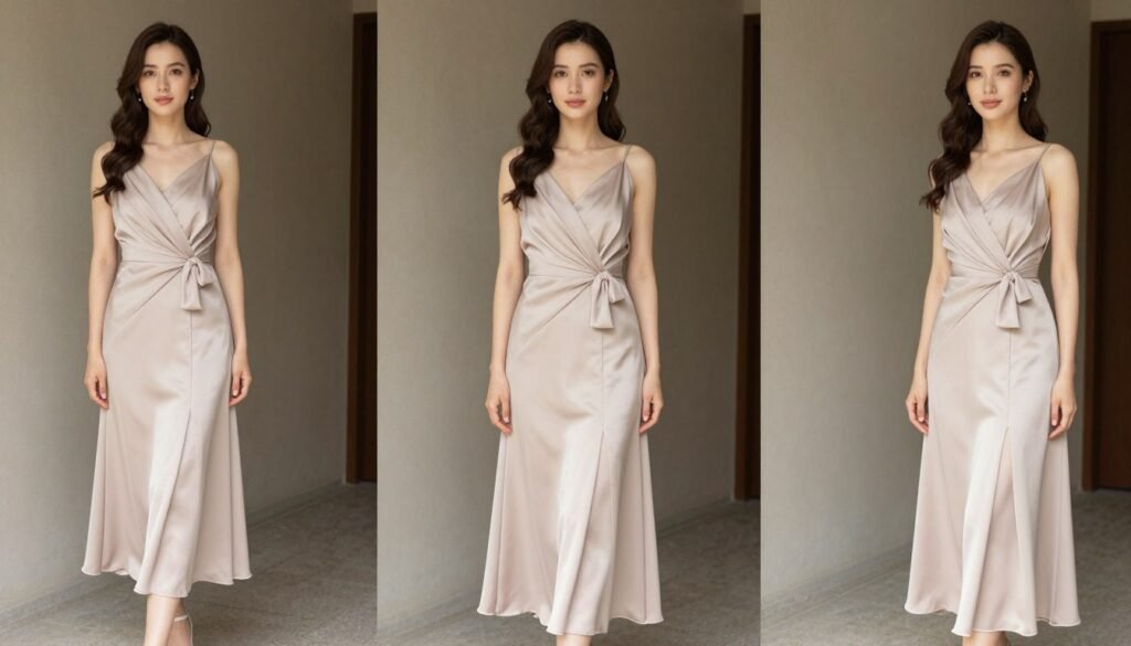 wedding guest in dress with complementary brown eye makeup